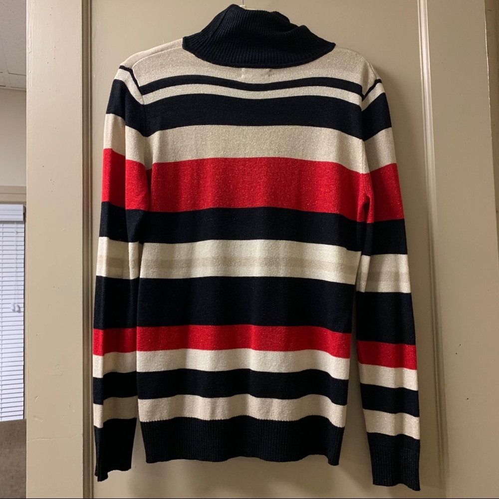 Black, red, and tan striped sweater